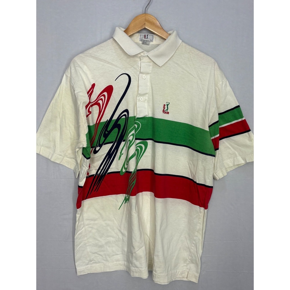 PGA Tour Polo Shirt Mens Ivory Striped Abstract Short Sleeve Size XL Vintage 90s